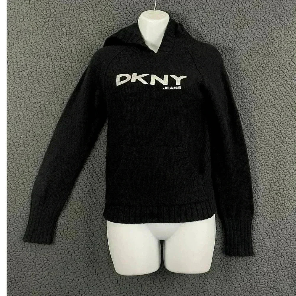 DKNY Black Knit Hoodie Sweater SMALL Silver‎ Glitter Women's Casual